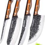 4PCS Hand Forged Butcher Knife and Kitchen Knife 2 in 1 Set, Heavy Duty Meat Cleaver Serbian Chef Knife Breaking Knife Boning Knife for Meat Cutting BBQ Gifts for Men Women