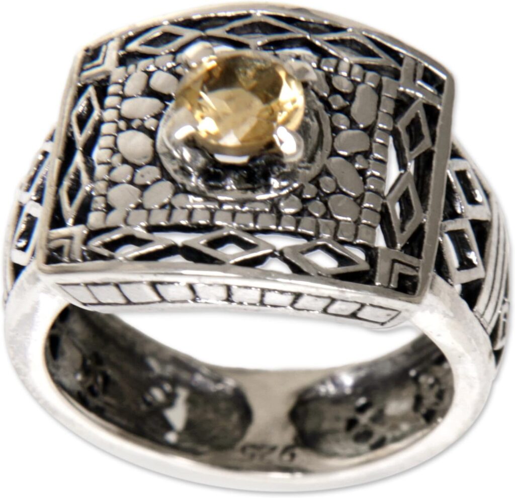 Novica Artisan Handmade .925 Sterling Silver Citrine Cocktail Ring Metallic Yellow Indonesia Gemstone Birthstone ‘Bali Temple’