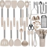 Silicone Cooking Utensils Set, NCUE 35 Pcs Kitchen Utensils Set with Holder, with Stainless Steel Handle Spatula Set, Spoons, Pasta Server, Cheese Grater, Masher, Scissors, Dishwasher Safe (Khaki)