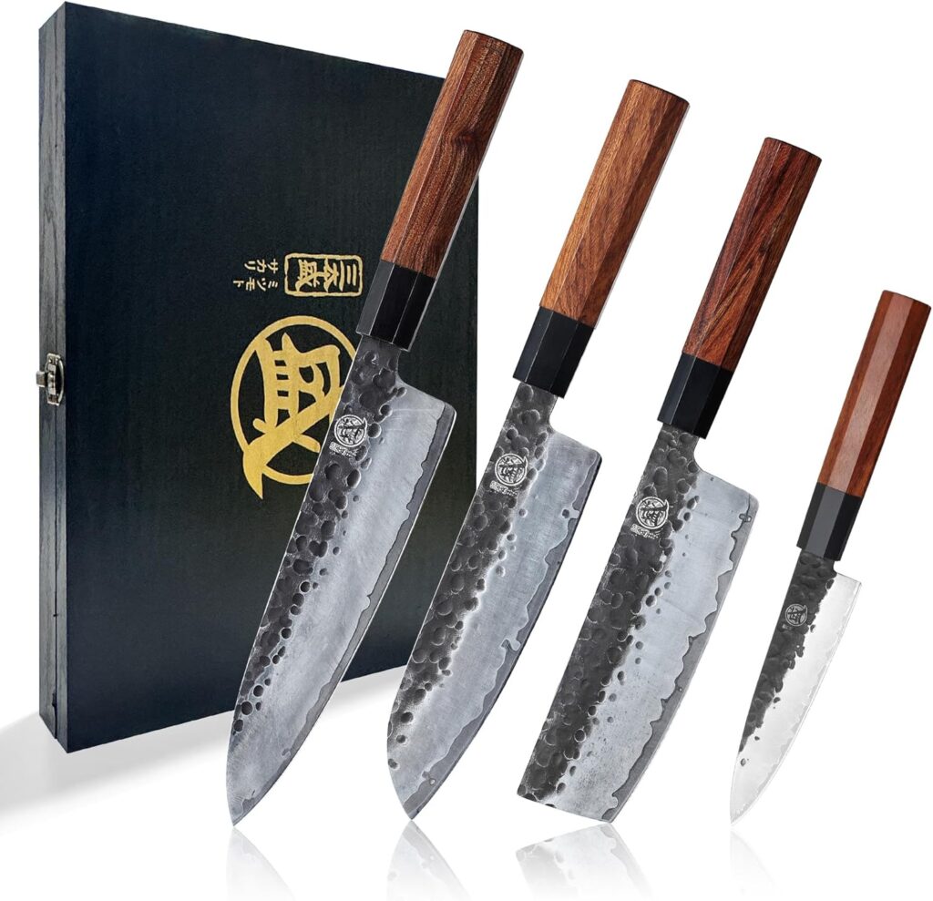 MITSUMOTO SAKARI Japanese Chef’s Knife Set 4 Pcs, Professional Hand Forged Kitchen Chef Knife Set, High Carbon Ultra Sharp Cooking Chefs Knife Set (Rosewood Handle & Sandalwood Box)