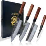 MITSUMOTO SAKARI Japanese Chef’s Knife Set 4 Pcs, Professional Hand Forged Kitchen Chef Knife Set, High Carbon Ultra Sharp Cooking Chefs Knife Set (Rosewood Handle & Sandalwood Box)