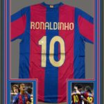 Framed Autographed/Signed Ronaldinho 35×39 Barcelona Blue/Red Soccer Jersey Beckett BAS COA