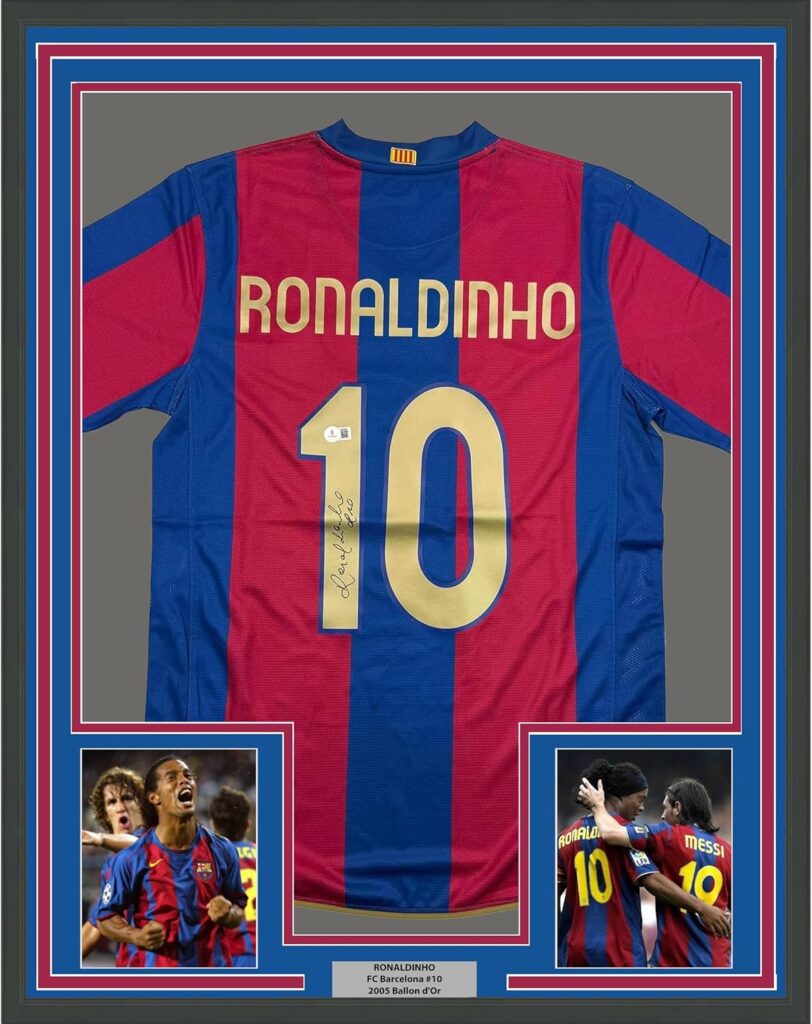Framed Autographed/Signed Ronaldinho 35×39 Barcelona Blue/Red Soccer Jersey Beckett BAS COA