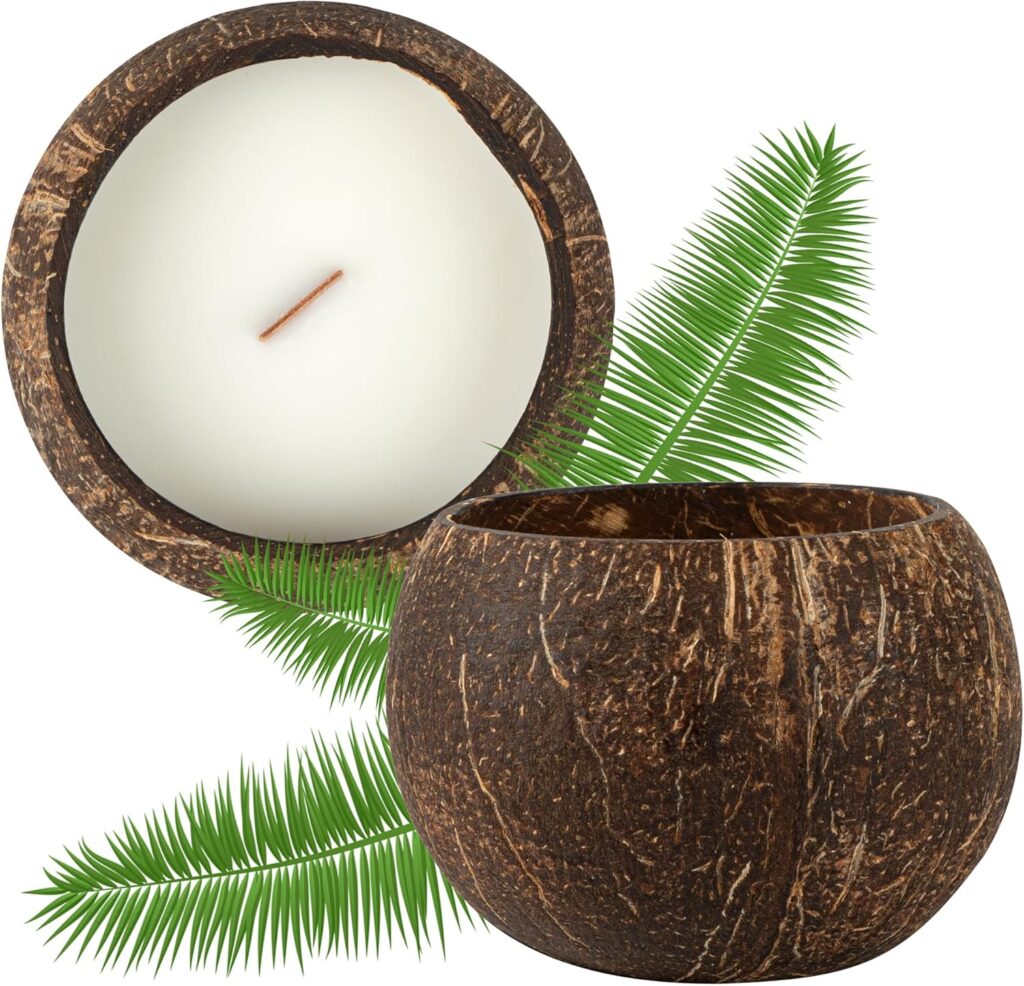 Restaurantware Coconut Shell Candle Pack of 1 Vanilla Scented Candle Holder Handmade with Double Wax Blend, Wooden Wick, Long-Lasting Upto 13 Hours with Reusable Coconut Shell for Table Decors