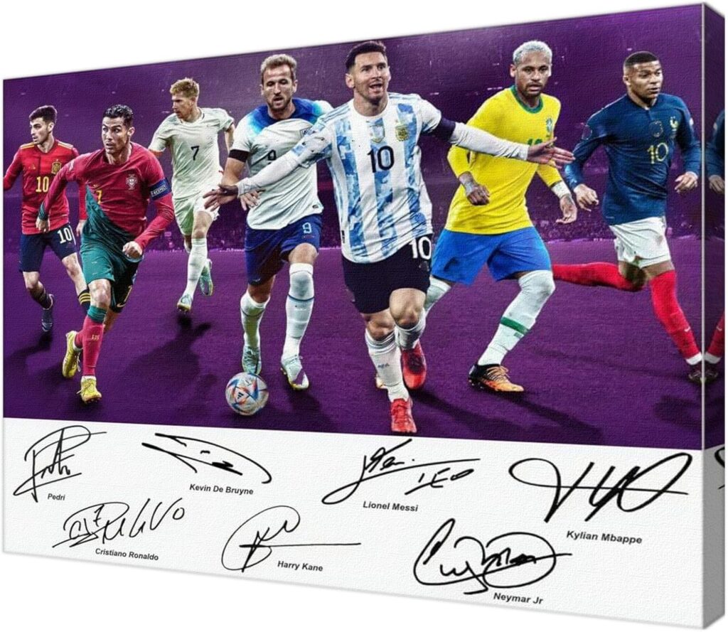 Framed Soccer Champion Superstar Group Photo Messi,Ronaldo,Mbappé,Signed Poster For Kids Room Bedroom Wall Decor-Picture Canvas Art Prints For Man Teens Boys Fans Gifts