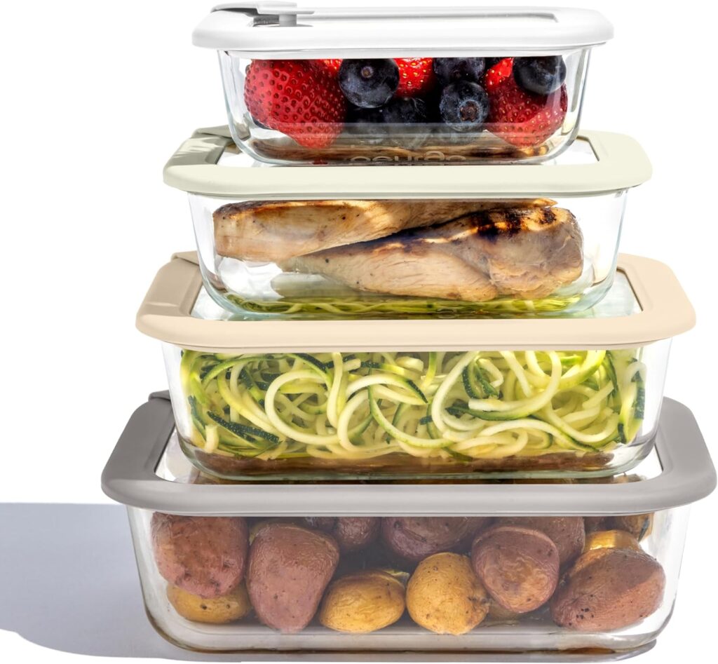 Bentgo Signature Leak-Proof Glass Food Storage – 8-Piece Set, 1-Compartment Plastic-Free Containers with Airtight Glass Lids, BPA-Free, Microwave, Freezer, Oven & Dishwasher Safe (White Stone)