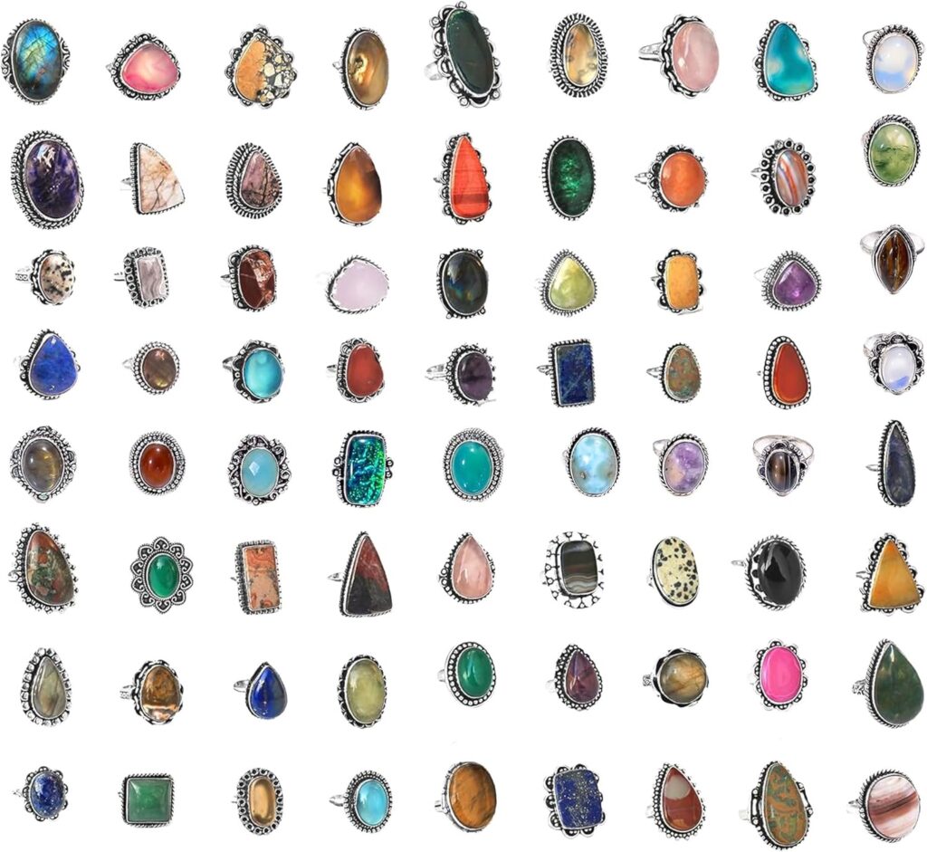 Handmade 10 Pcs Stackable Gemstone Ring Set for Women, Silver Plated Fashion Boho Knuckle Rings, Vintage Gothic Statement Jewelry Gift Pack