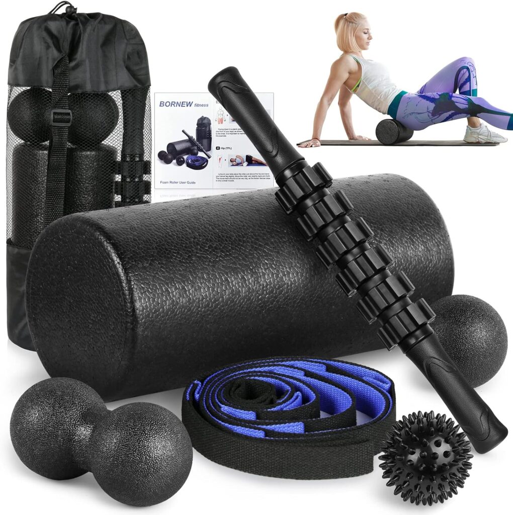 Foam Roller Set – High Density Back Roller, Muscle Roller Stick,2 Foot Fasciitis Ball, Stretching Strap, Massager Ball for Whole Body Physical Therapy & Exercise, Yoga, Back Pain, Leg, Deep Tissue
