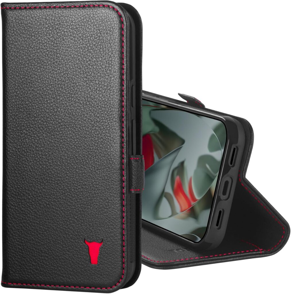 TORRO Leather Case Compatible with Google Pixel 10 Pro XL 6.8” 2025 – Premium Leather Wallet Case with Kickstand and Card Slots (Black with Red Detail)