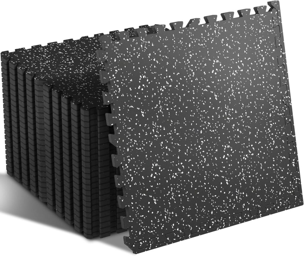 SUPERJARE 0.4” Thick 24 Pcs 96 Sq Ft Rubber Top Exercise Equipment Mats, High Density EVA Foam Mats with Rubber Top, Interlocking Gym Flooring for Home Gym, Protective Workout Mat, Black/Grey