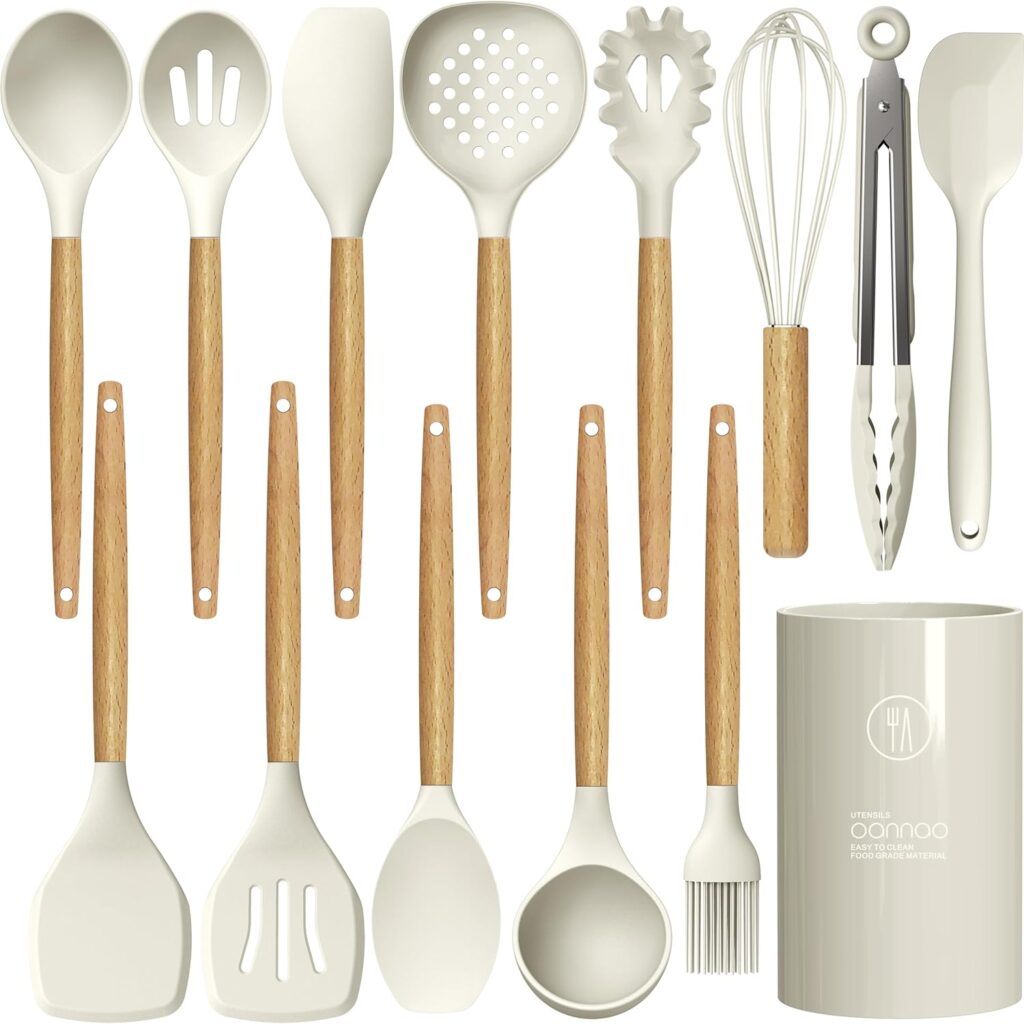 Silicone Cooking Utensils Set – 446°F Heat Resistant Silicone Kitchen Utensils for Cooking,Kitchen Utensil Spatula Set w Wooden Handles and Holder, BPA FREE Gadgets for Non-Stick Cookware (Khaki)