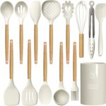 Silicone Cooking Utensils Set – 446°F Heat Resistant Silicone Kitchen Utensils for Cooking,Kitchen Utensil Spatula Set w Wooden Handles and Holder, BPA FREE Gadgets for Non-Stick Cookware (Khaki)