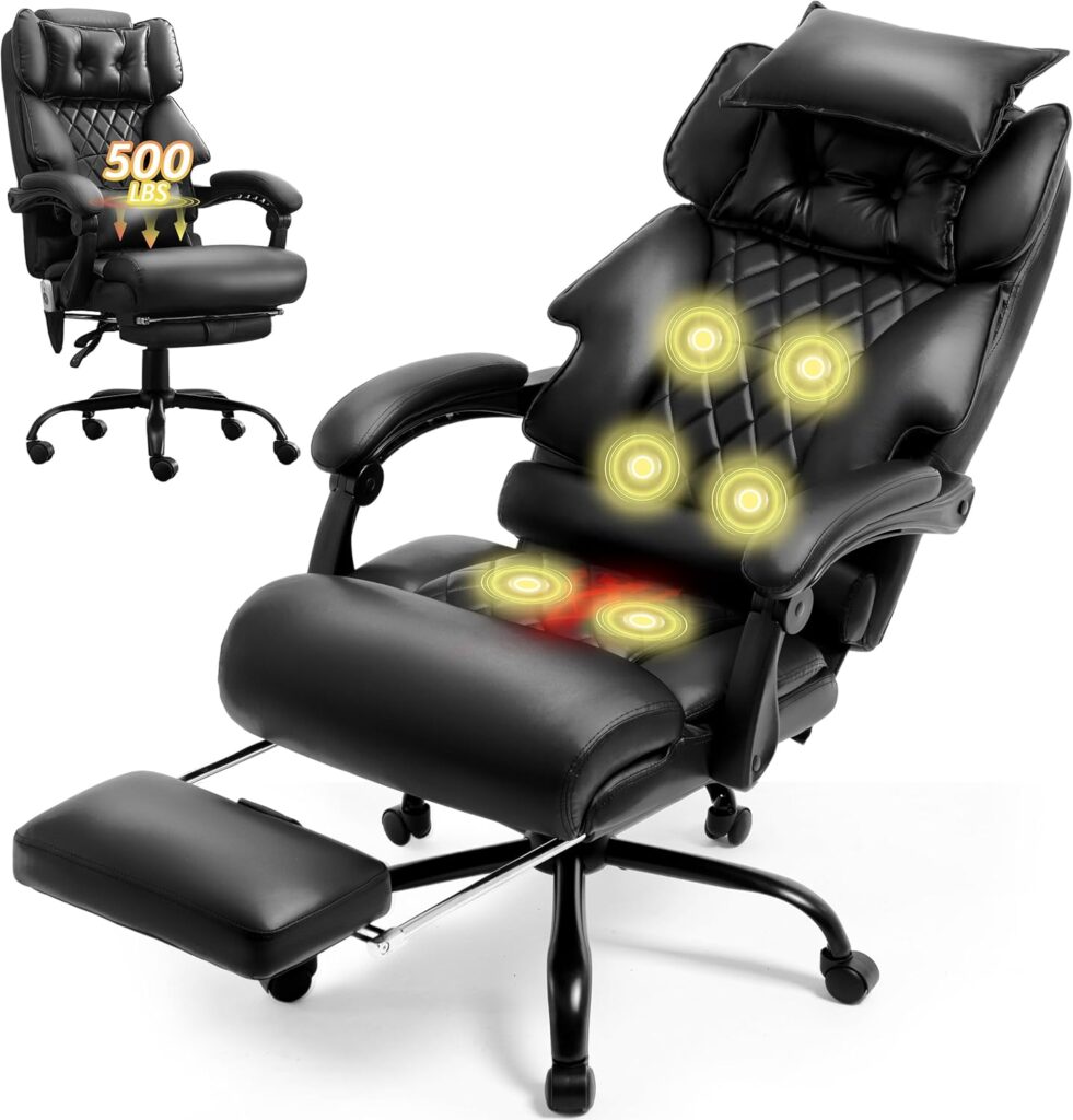 Massage Office Chair with Foot Rest,6 Points Vibration & Heat Executive Office Chairs,Big and Tall Leather Office Chair 500LBS,Ergonomic Desk Chair for Heavy People,Recliner with Dual-Use Pillow,Black