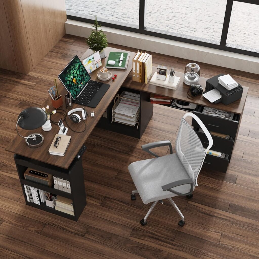 MOUMON Electric Standing Desk with Drawers and Shelves, Executive Adjustable Height Desk, L-Shaped Design, 63 inch Tabletop, for Office Deep Brown and Black (63”W x 63”D x 28.9-45.3”H)