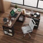 MOUMON Electric Standing Desk with Drawers and Shelves, Executive Adjustable Height Desk, L-Shaped Design, 63 inch Tabletop, for Office Deep Brown and Black (63”W x 63”D x 28.9-45.3”H)