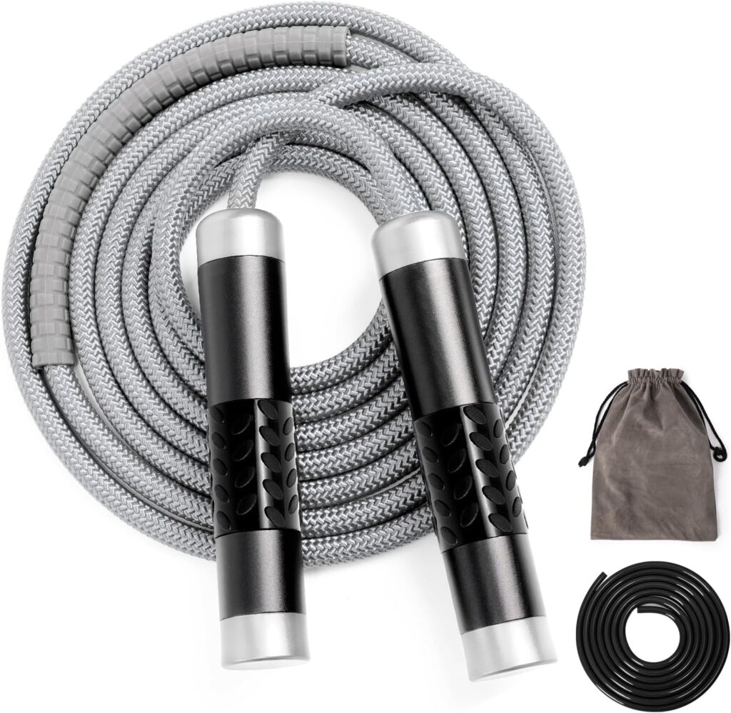 1LB Weighted Jump Ropes for fitness Women Men, Aluminum Handles for MMA, Boxing, CrossFit, Weight-loss Workouts, Tangle-Free Ball Bearing Rapid Speed Skipping Jump Rope with Adjustable 9mm Cotton & PVC Cord