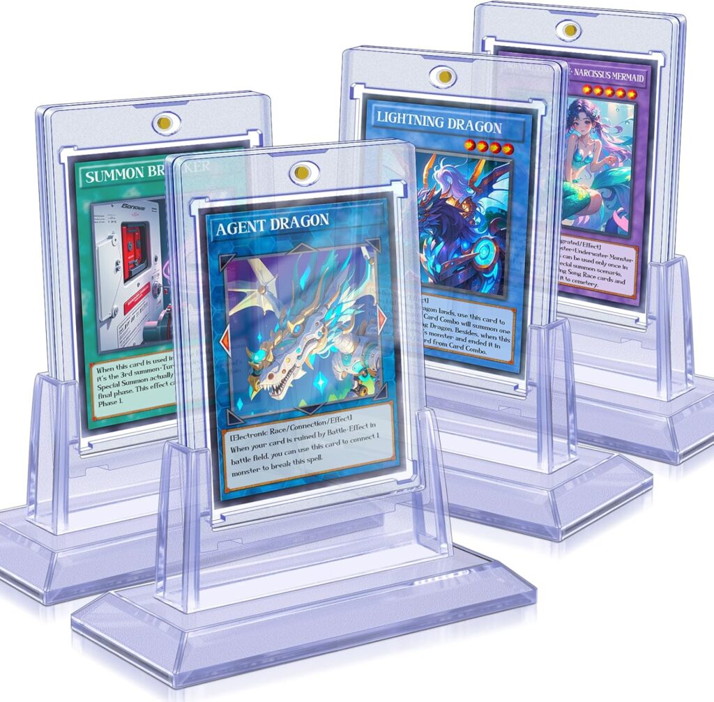 Homthy 4ct Magnetic Card Holders for Trading Cards, 35pt Acrylic Baseball Card Holders with 4 Card Stands Card Protector Hard Plastic Fit for YuGiOh, MTG and Sport Cards (4)