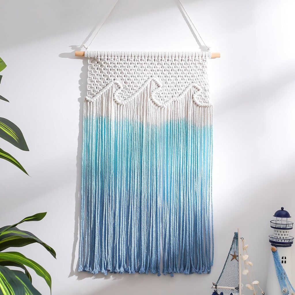 Bucherry Beach Wave Hanging Tassels Decor 16″ x 26″ Ocean Macrame Wall Hanging Coastal Tapestry Wall Art for Beach Themed Seafaring Living Room Bedroom Home Decoration