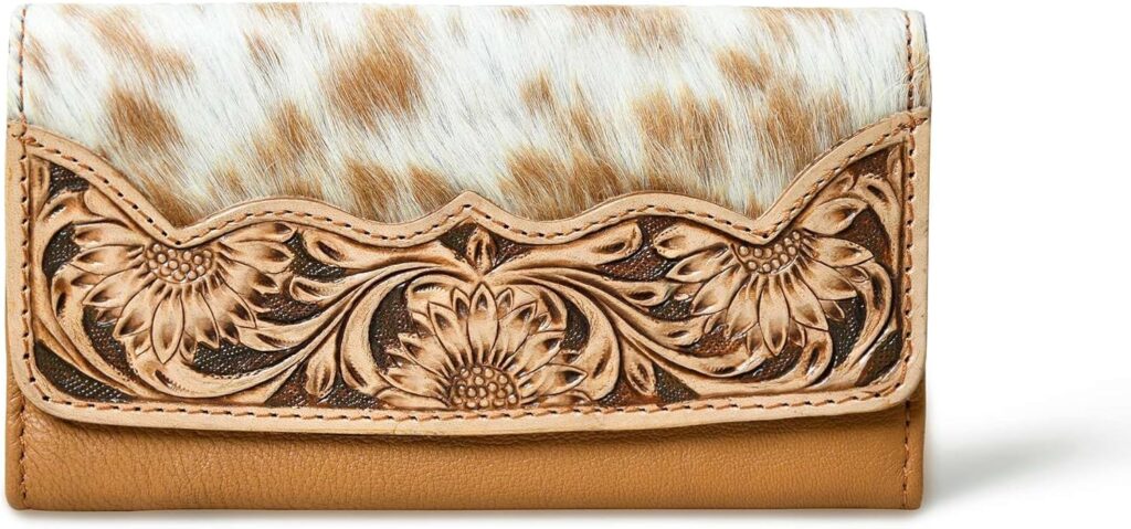 Merbaa Cowhide Leather Wallet for Women – Handcrafted Tooled Sunflower Western Clutch – Hair-On Hide Purse with Snap Closure – Gift for Western Fashion Lovers