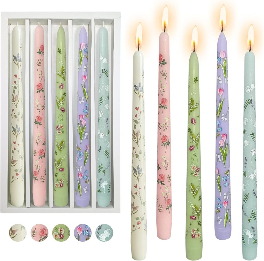 Floral Taper Candle Dripless Candlesticks – 5pcs Handmade Unscented Candlestick Long Candle Sticks 10Inches Flower Tapered Candles for Home Tea Party Wedding Holiday Decor,8D5T-MIX