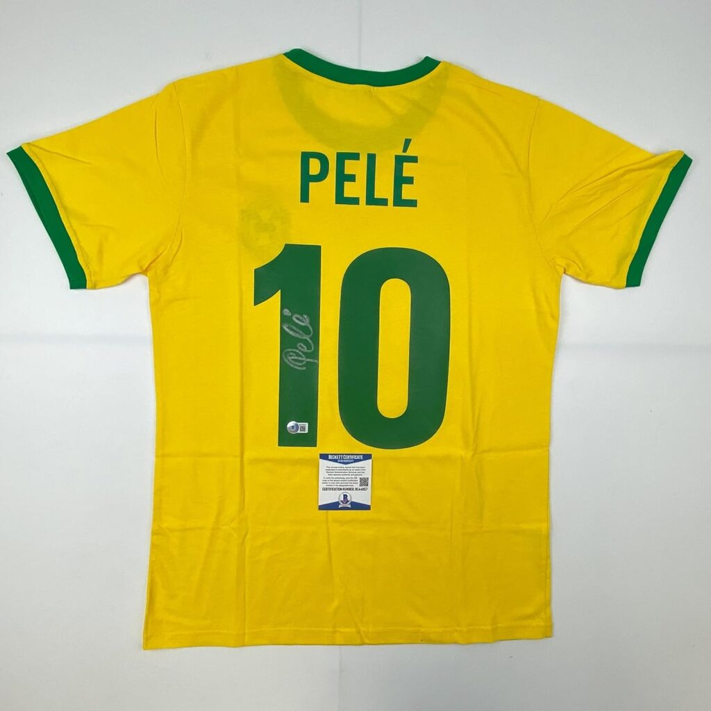 Autographed/Signed Pele Brazil Yellow Soccer Futbol Jersey Beckett BAS COA Auto #2