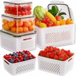 5-Pack Fruit Storage Containers for Fridge with Removable Colanders, 4 in 1 Produce Storage Containers with Lids, Leakproof Fridge Organizer Bins for Salad Berry Lettuce Vegetables Meat Keeper Fresh