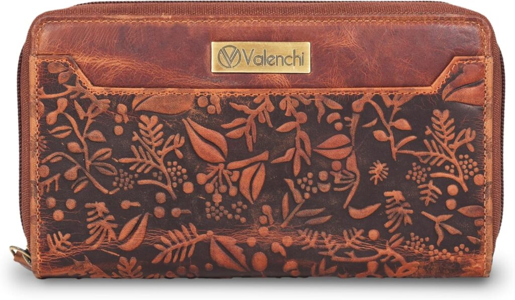 VALENCHI Women’s Leather Wallet – RFID Blocking Wallet – Ladies Clutch Hand Purse With Card Holder Slots (Vintage Cognac Flower LW07)
