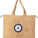 Evil Eye Embroidery Jute Handbag Tote Beach Bag Zipper Gift Bag with Crystals and Tassels