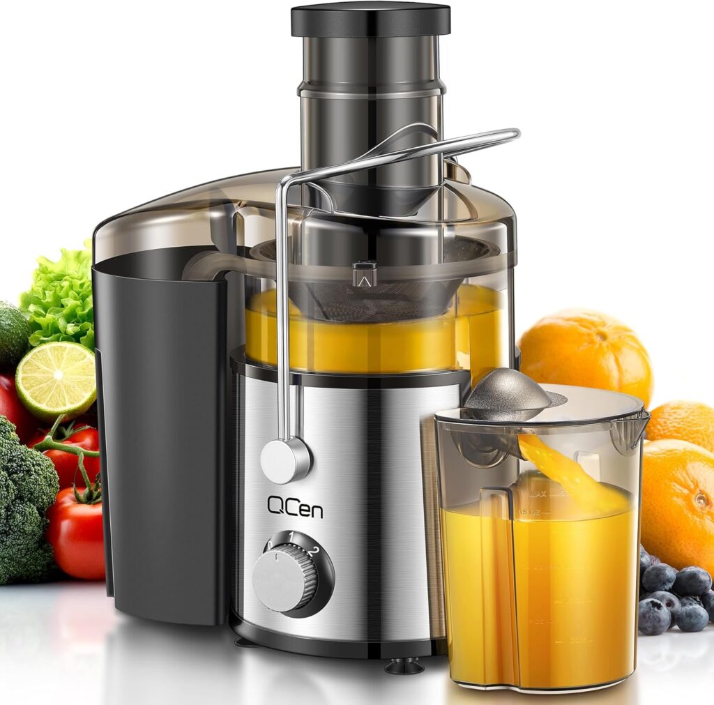QCen Juicer Machine, 800W Centrifugal Juicer Extractor with 3” Wide Mouth Feed Chute for Fruits & Vegetables, Easy to Clean, Stainless Steel, BPA-Free