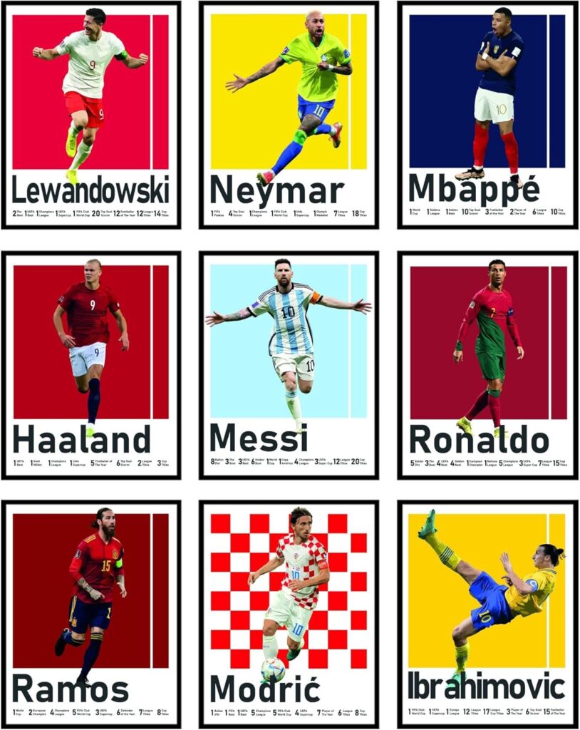BigWig Prints Soccer Posters – Soccer Decor for Boys Room, Ronaldo & Messi Poster, Mbappe, Neymar, Zlatan Ibrahimovic, Ramos, Modric, World Cup Wall Art, Fifa Art – Unframed Set Of 9 (8×10”)