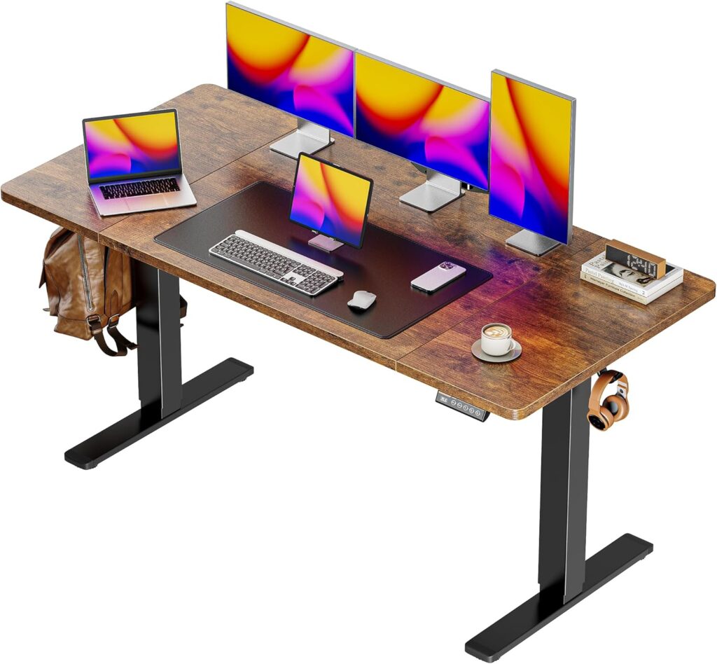 Huuger 55 x 28 Large Electric Standing Desk, Height Adjustable Computer Desk, 27.6″ Deep Desktop, Stand up Gaming Office Desk with 2 Hooks, 3 Preset Heights, for Home Office, Rustic Brown