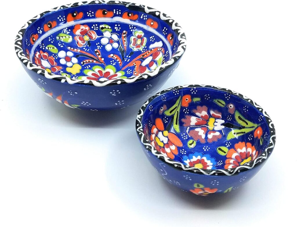 Handmade Turkish Ceramic Pottery Set of 2 Serving Bowls 3″ and 5″ (Blue3)