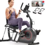 Sunny Health & Fitness Smart Heavy-Duty Recumbent Bike w/Wide Cushioned Seat & Back, Indoor Cycling Machine for Adult/Seniors Home Exercise, Free SunnyFit App Connect, Optional Workout Training Bands