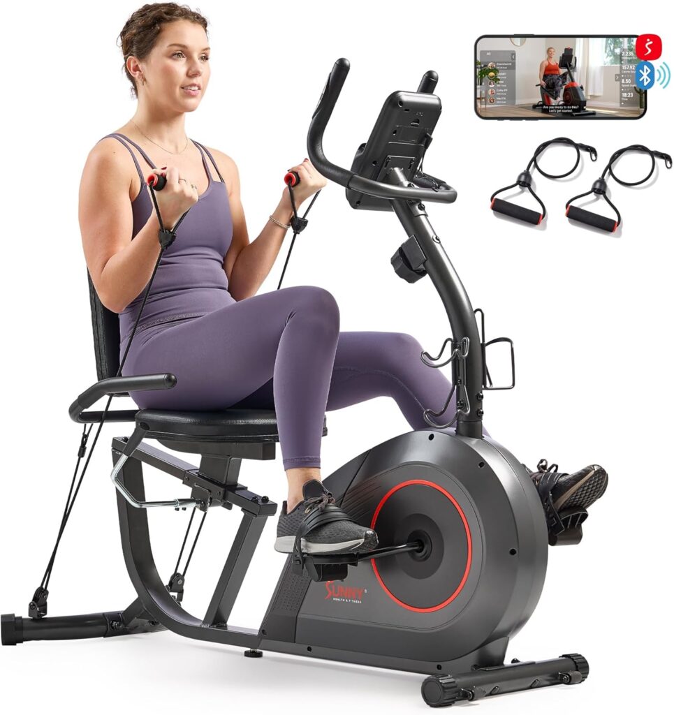 Sunny Health & Fitness Smart Heavy-Duty Recumbent Bike w/Wide Cushioned Seat & Back, Indoor Cycling Machine for Adult/Seniors Home Exercise, Free SunnyFit App Connect, Optional Workout Training Bands
