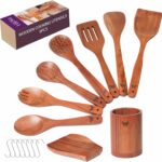 Wooden Kitchen Cooking Utensils Set | 9 Piece Spatula Set with Spoon Rest, Holder & 7 Hooks | Acacia Wood Non Toxic Serving Spoons