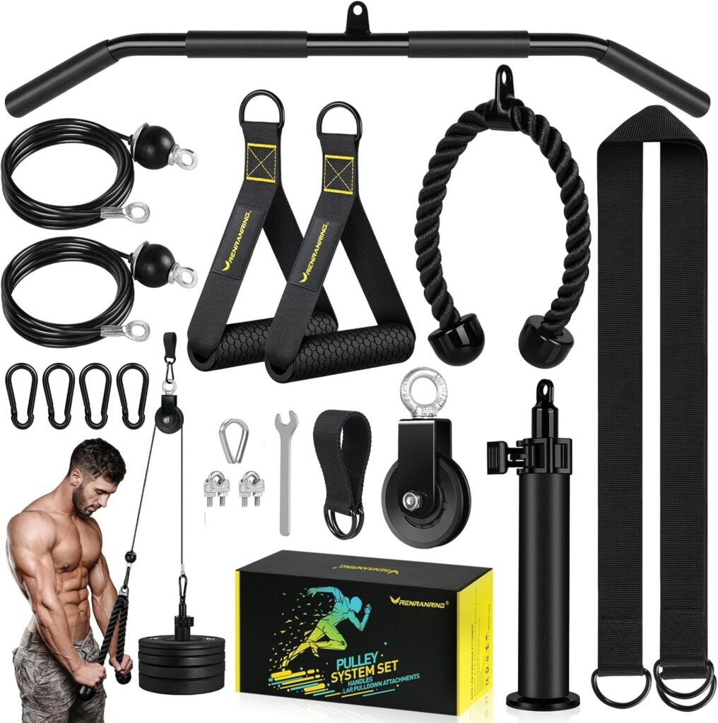 RENRANRING Pulley System, Weight Cable Pulley System for Home Gym,Cable Machine Attachment with 2 in 1 LAT Pull Down Bar,Tricep Rope,Long Strap,Exercise Handles for Biceps Curl, Forearm