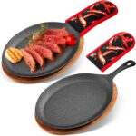 Lallisa 2 Sets Cast Iron Fajita Plate Set Fajita Plate Pan with Wooden Tray Anti Scald Protection Hot Mitt Cast Iron Skillet Set for Home Barbecue Kitchen Party Restaurant Catering Service