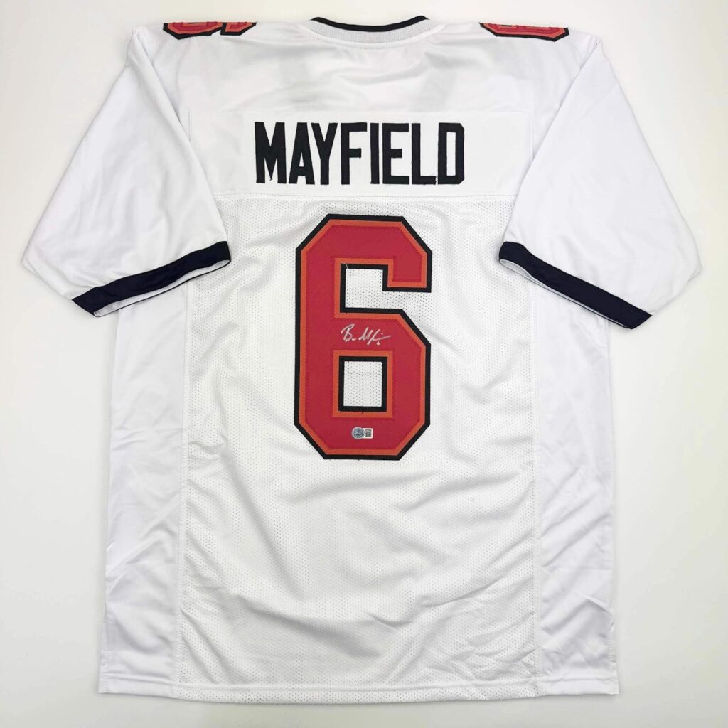 Autographed/Signed Baker Mayfield Tampa Bay White Football Jersey Beckett BAS COA