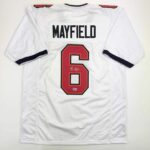 Autographed/Signed Baker Mayfield Tampa Bay White Football Jersey Beckett BAS COA