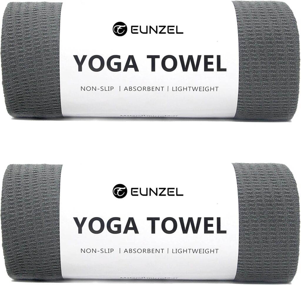 Eunzel 2 Pack Hot Yoga Towel, Non-Slip Yoga Mat Towel with Grip Dots Stickyfiber Sweat Absorbent Towel for Hot Yoga, Pilates and Workout 72″ x 24″, Dark Grey