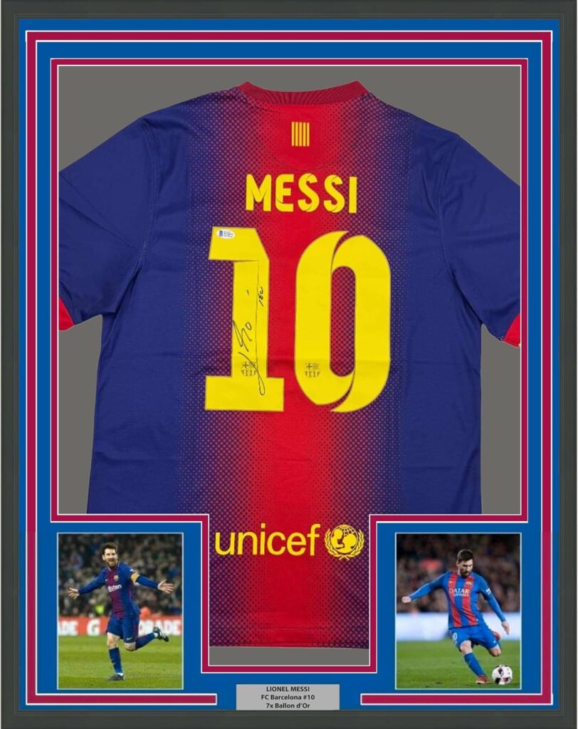 Framed Autographed/Signed Lionel Leo Messi 35×39 FC Barcelona Soccer Jersey Beckett BAS COA
