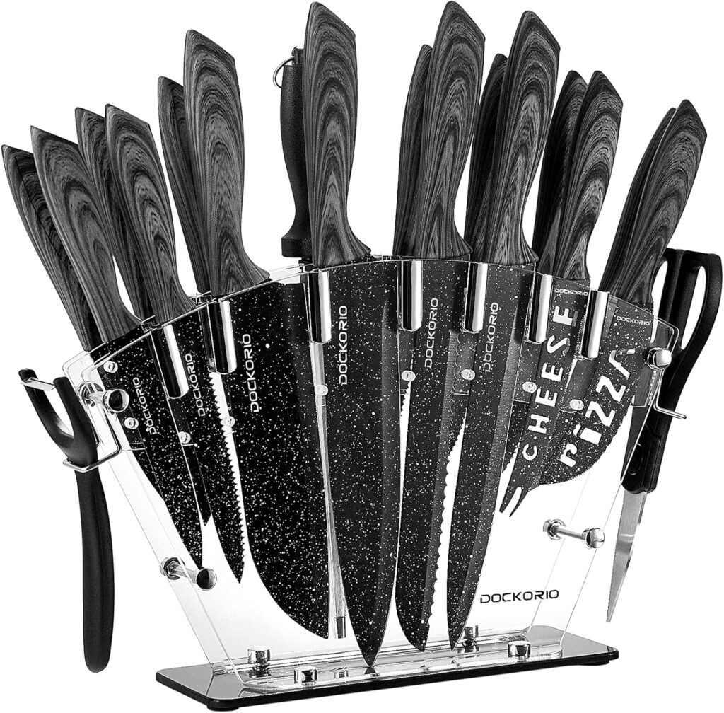 all in one Kitchen Knife Set with Block, 19 PCS High Carbon Stainless Steel Sharp Serrated Steak Knives Set, Chef Knives, Bread Knife, Scissor, Sharpener,