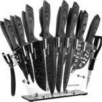 all in one Kitchen Knife Set with Block, 19 PCS High Carbon Stainless Steel Sharp Serrated Steak Knives Set, Chef Knives, Bread Knife, Scissor, Sharpener,