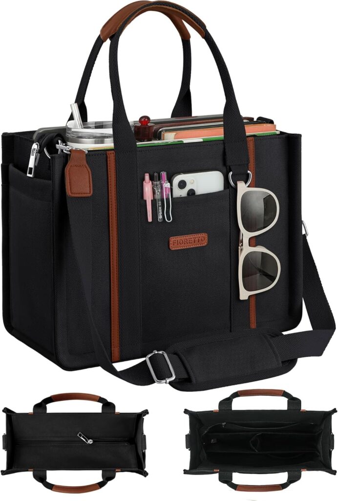 FIORETTO Women’s Canvas Tote Bag Purse with Zipper, Multi Compartment & Reinforced Bottom, Ideal for Work, Bible, Travel