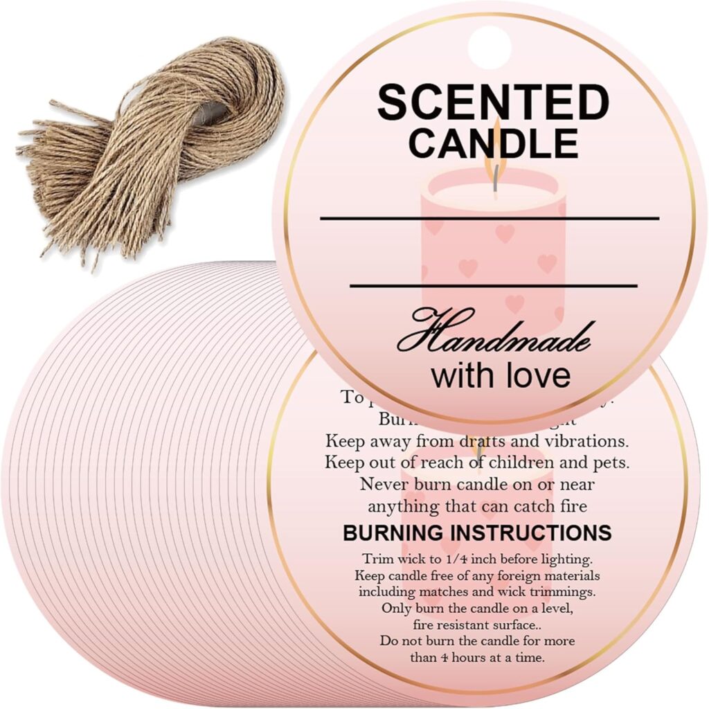 Candle Hang Tags Handmade with Love Scented Candle Labels – Pink Scented Candle Packaging Tag Warning Labels for Candle Making Handmade Gifts, and Party Favors 100 Pack
