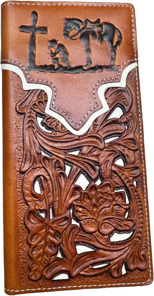 Men’s Long Leather Wallet – Embossed Cowboy Praying at Cross with Laser Cut Floral Design – Christian Rodeo Bifold Wallet for Ranchers, Cowboys & Faith-Based Gifts