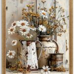 Krtoni Framed Farmhouse Vintage Canvas Wall Art, Rustic Floral Paintings Artwork Wall Decor, White Daisy Flower With Iron Kettle Theme Poster Print for Living Room Bedroom Bathroom Study 10”L x 8”W