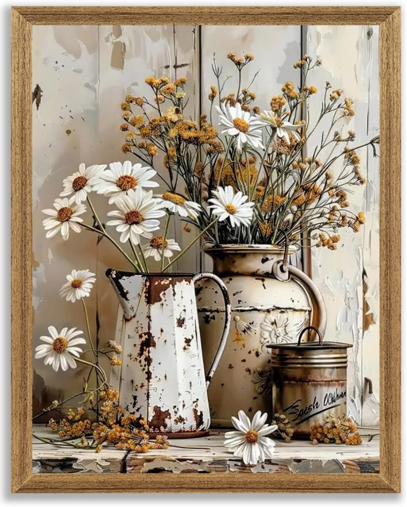 Krtoni Framed Farmhouse Vintage Canvas Wall Art, Rustic Floral Paintings Artwork Wall Decor, White Daisy Flower With Iron Kettle Theme Poster Print for Living Room Bedroom Bathroom Study 10”L x 8”W