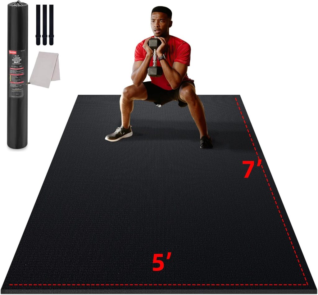 Large Exercise Mat for Home Workout,12‘x6’/10’x6’/9’x6’/8’x6’/7’x5’/6’x4′ (7mm) Extra Thick Workout Mat, High-Density Gym Mat for Cardio, Jump Rope, MMA, Weights (Shoe-Friendly)