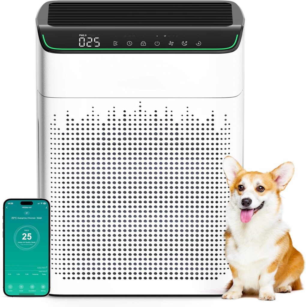 Air Purifiers for Home Large Room up to 1690 ft², HEPA Filter with PM 2.5 Monitor, WiFi and Alexa Compatible, Dual Air Intake for Smoke, Odor, Pets, 1 Pack+2 Pack Filters Ivory